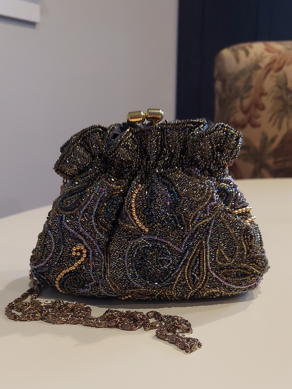 Vintage Beaded Evening Bag in Metallic Black, Gold & Silver